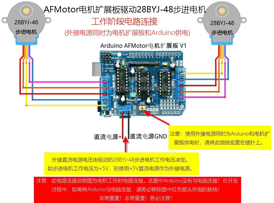 AFMotord电机扩展板驱动28BYJ-48步进电机（工作时电路连接）